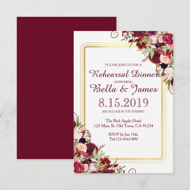 Marsala Red Burgundy Gold Mariage Invitation (Devant / Derrière)