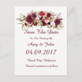 Marsala Red Floral Wedding Save the Date Postcard Ankündigungspostkarte
