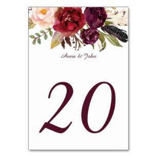 Marsala Red White Roses Feathers Boho Table Cards Tischnummer