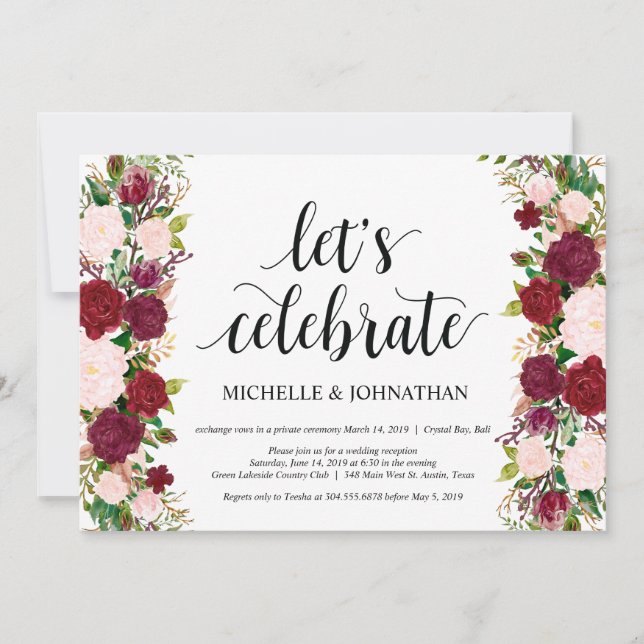Marsala Rosa Blumen Hochzeit Elopement Empfang Einladung (Vorderseite)
