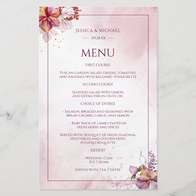Marsala Rose Gold Aquarelle Élégante Menu Mariage (Devant)