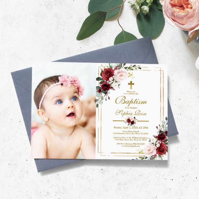 Marsala Rose & Gold Frame Photo Girl Baptism Einladung (Von Creator hochgeladen)