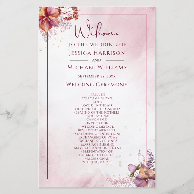 Marsala Rose Gold Watercolor Wedding Program (Vorderseite)