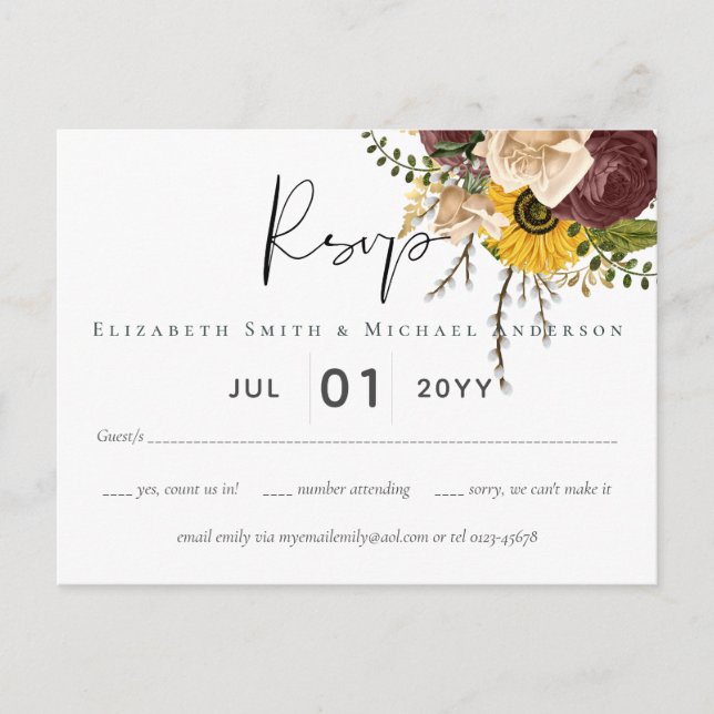 Marsala Rose Sonnenblumen Budget billig Hochzeit Postkarte (Vorderseite)