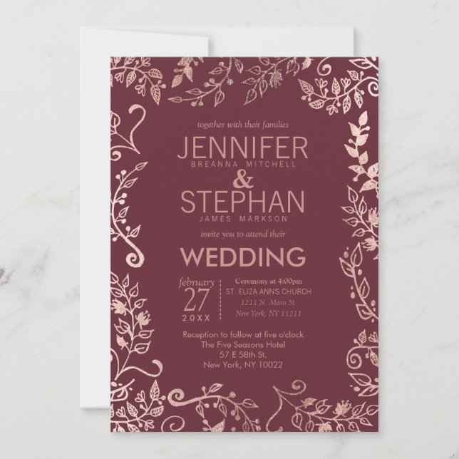 Marsala Rote Rose Goldflorale Hochzeit Einladung (Vorderseite)