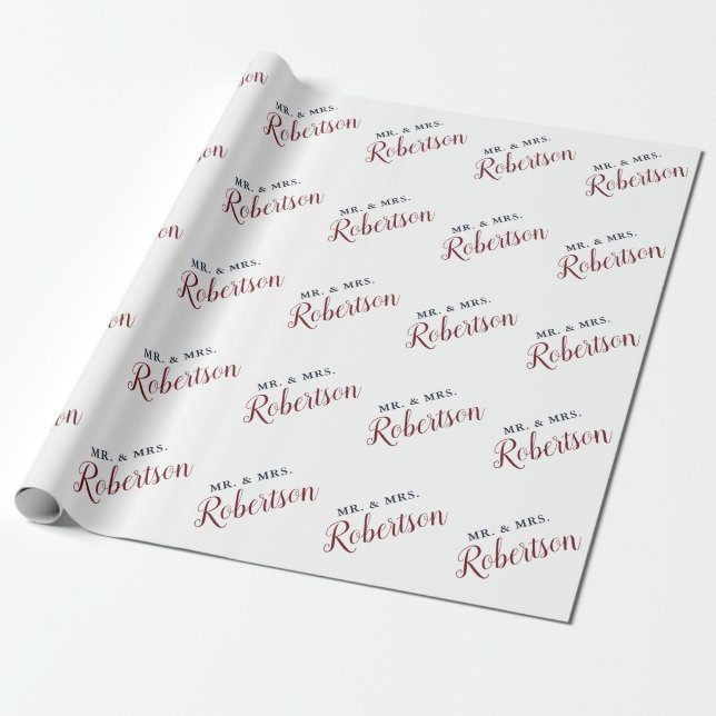 Marsala roter Skript-Herr u. Frau Wedding Geschenkpapier (Ungerollt)