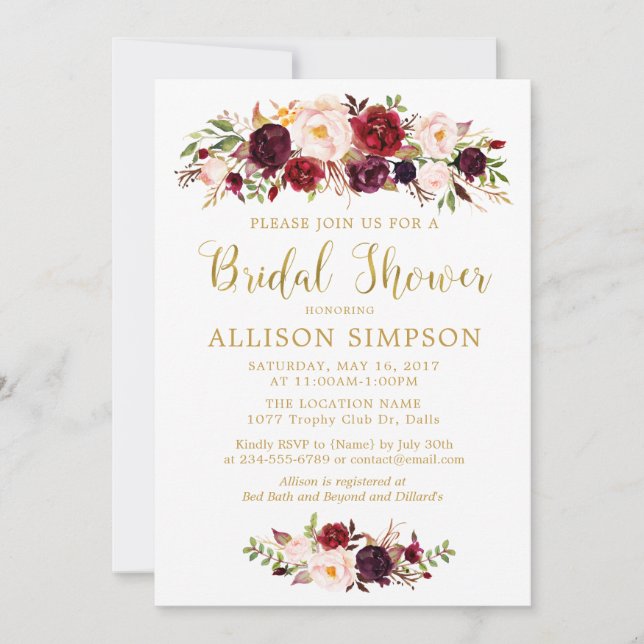 Marsala Rouge Automne Gold BridalDouche Invitation (Devant)