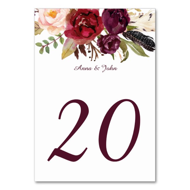 Marsala Rouge Blanc Roses Plumes Boho Cartes de ta (Par défaut)