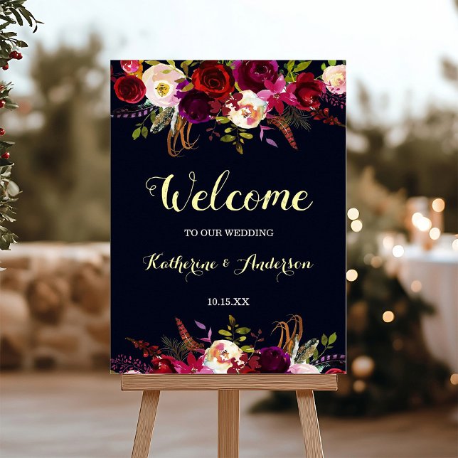 Marsala Rustic Boho Floral Begrüßung Hochzeit Poster (Von Creator hochgeladen)