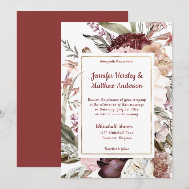 Marsala Sandy Peach Dusty Rose Floral Wedding Einladung (Vorne/Hinten)