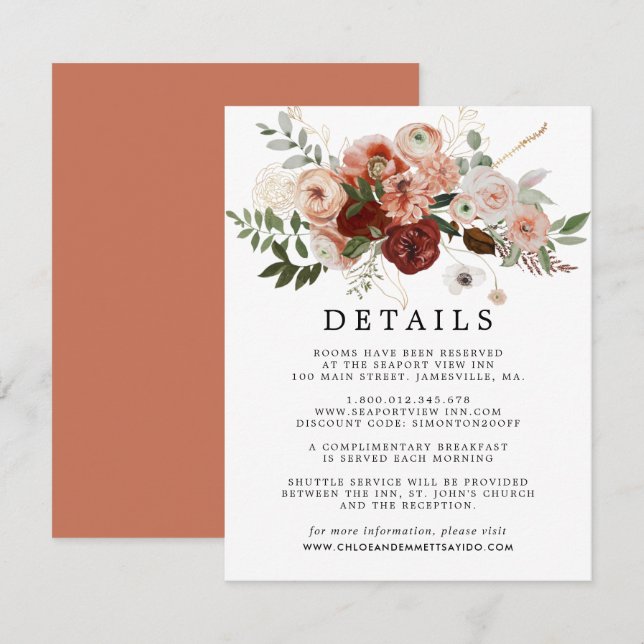 Marsala Terracotta Floral Wedding Details Begleitkarte (Vorne/Hinten)