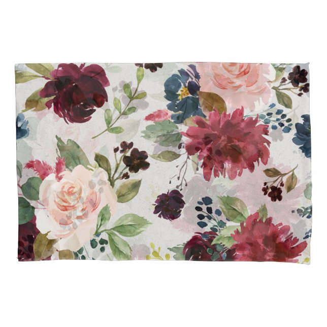 Marsala u. Marine-BlumenShabby Kissenbezug (Vorderseite)