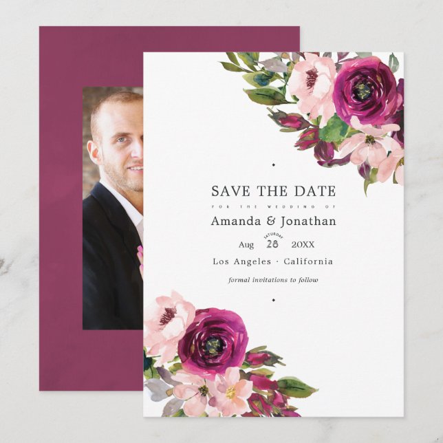Marsala und Blush Bloral Wedding Foto Save The Date (Vorne/Hinten)