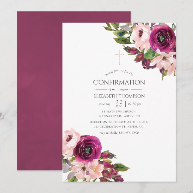 Marsala und Blush Floral Bestätigung Einladung (Vorne/Hinten)
