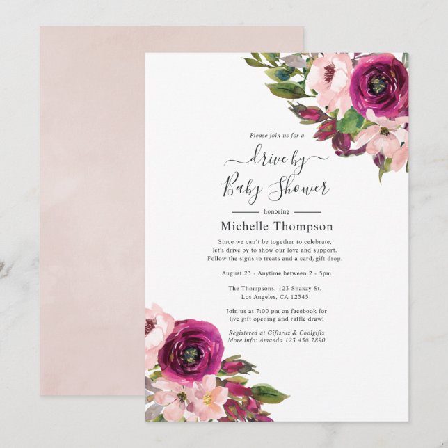 Marsala und Blush Floral Drive by Dusche Einladung (Vorne/Hinten)