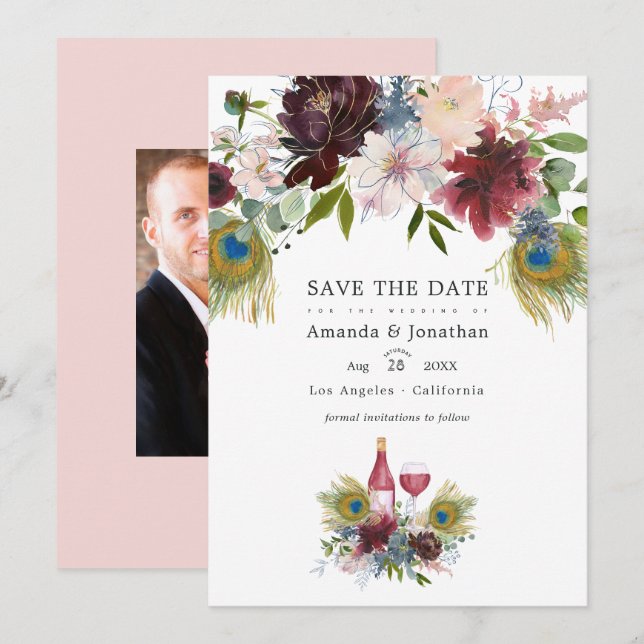 Marsala und Blush Floral Wedding Rett T Save The Date (Vorne/Hinten)