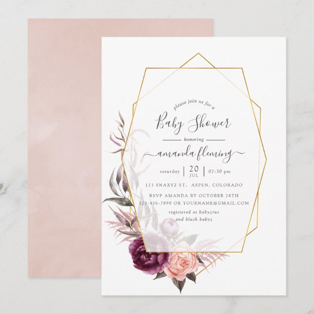 Marsala und Blush Geometric Floral Baby Shower Einladung (Vorne/Hinten)
