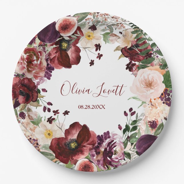 Marsala und Blush Pink Brautparty Pappteller (Vorderseite)
