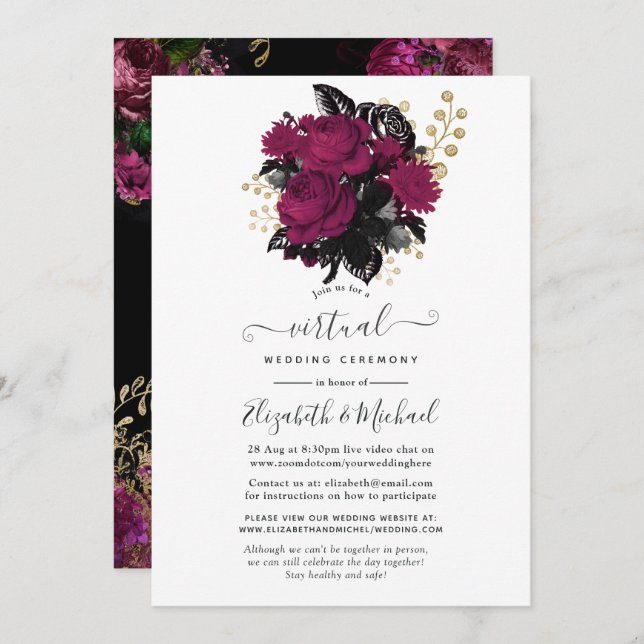 Marsala und Gold Floral Virtual Wedding Einladung (Vorne/Hinten)