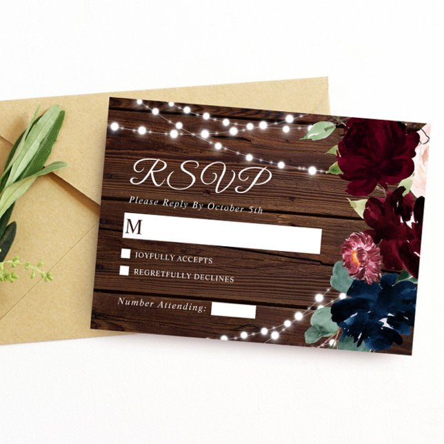 Marsala und Navy Blume Rustic Wood Wedding RSVP Karte (Von Creator hochgeladen)