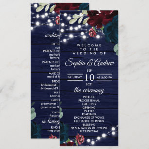 Marsala und Navy Blume Rustikale Hochzeitsprogramm Programm