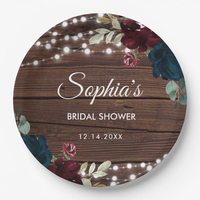 Marsala und Navy Blume Rustikales Brautparty Pappteller (Vorderseite)