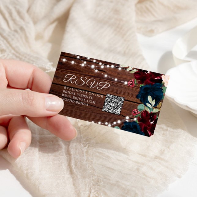 Marsala und Navy Floral Rustisches Brautparty QR U Begleitkarte (Von Creator hochgeladen)