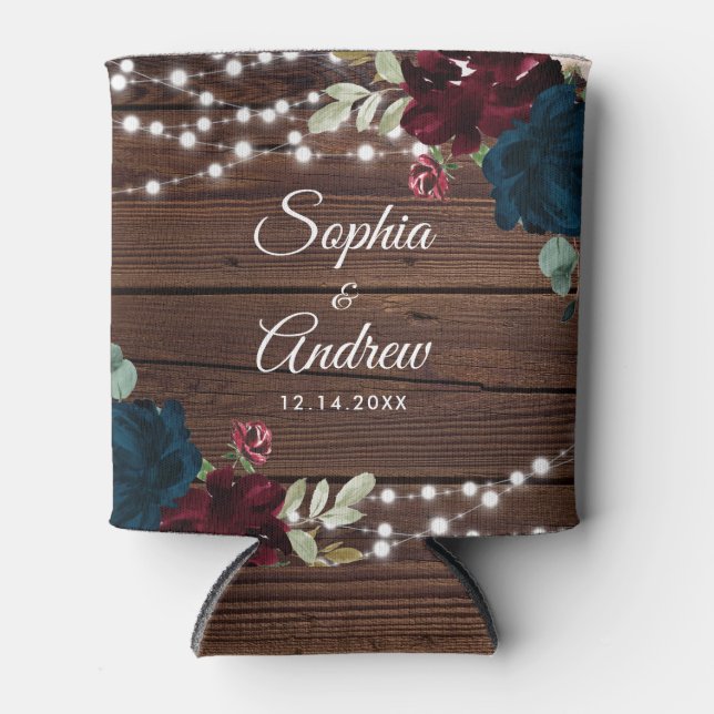 Marsala und Navy Rustic Wood Wedding Dosenkühler (Vorderseite)