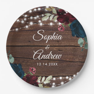 Marsala und Navy Rustic Wood Wedding Pappteller