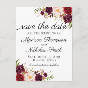 Marsala und Pink Floral Save the Date Postkarten
