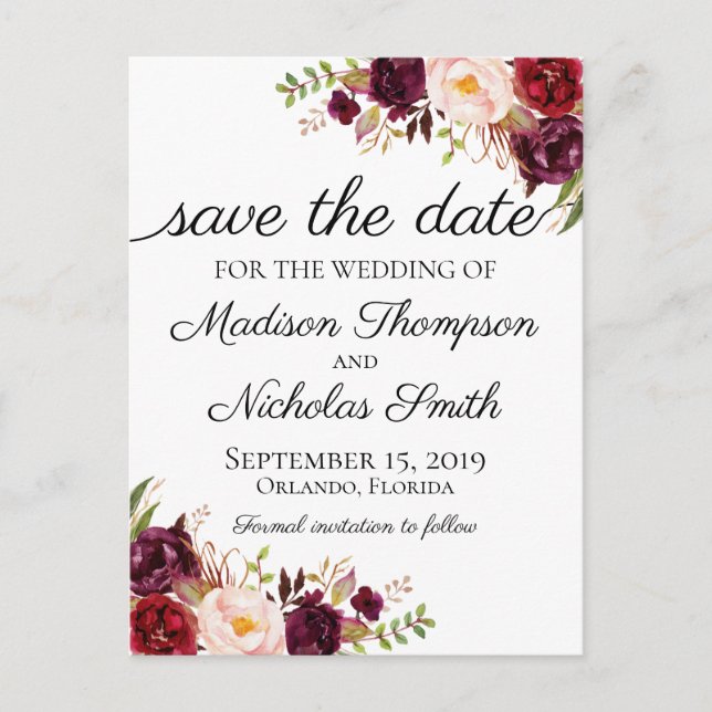Marsala und Pink Floral Save the Date Postkarten (Vorderseite)