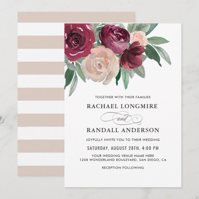 Marsala und Pink Watercolor Floral Wedding Einladung (Vorne/Hinten)