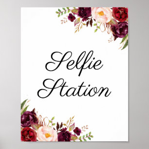 Marsala und rosa florale Hochzeits-Selfie-Station- Poster