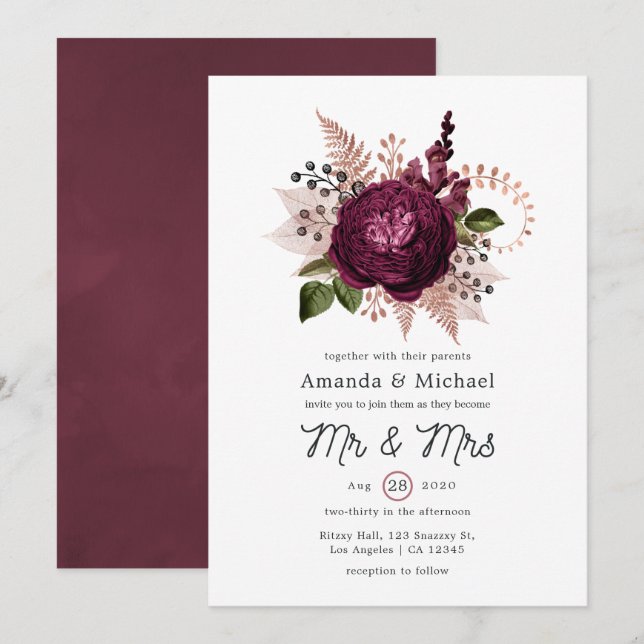 Marsala und Rose Einladung (Vorne/Hinten)