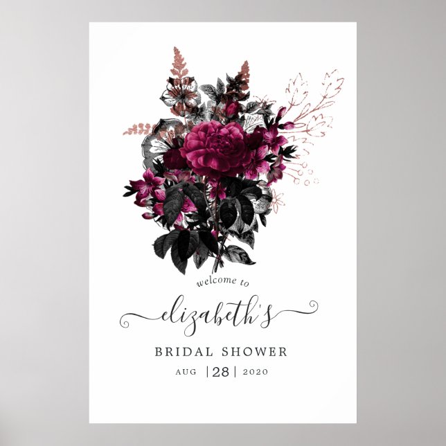 Marsala und Rose Gold Floral Brautparty Willkommen Poster (Vorne)