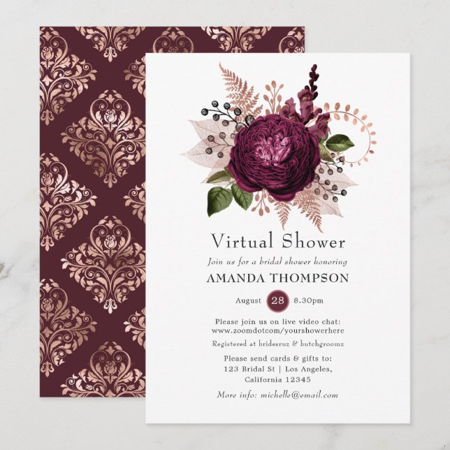 Marsala und Rose Gold Floral Virtual Dusche Einladung (Vorne/Hinten)