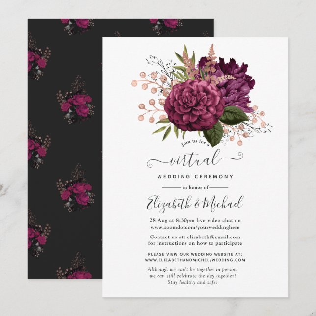 Marsala und Rose Gold Floral Virtual Wedding Einladung (Vorne/Hinten)