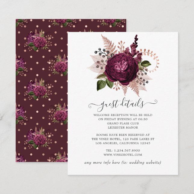 Marsala und Rose Gold Floral Wedding Details Begleitkarte (Vorne/Hinten)