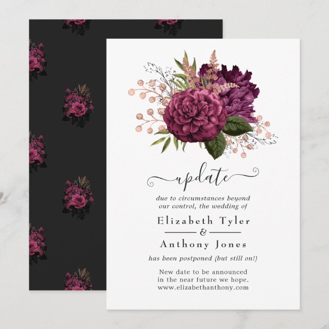 Marsala und Rose Gold Floral Wedding Update Einladung (Vorne/Hinten)