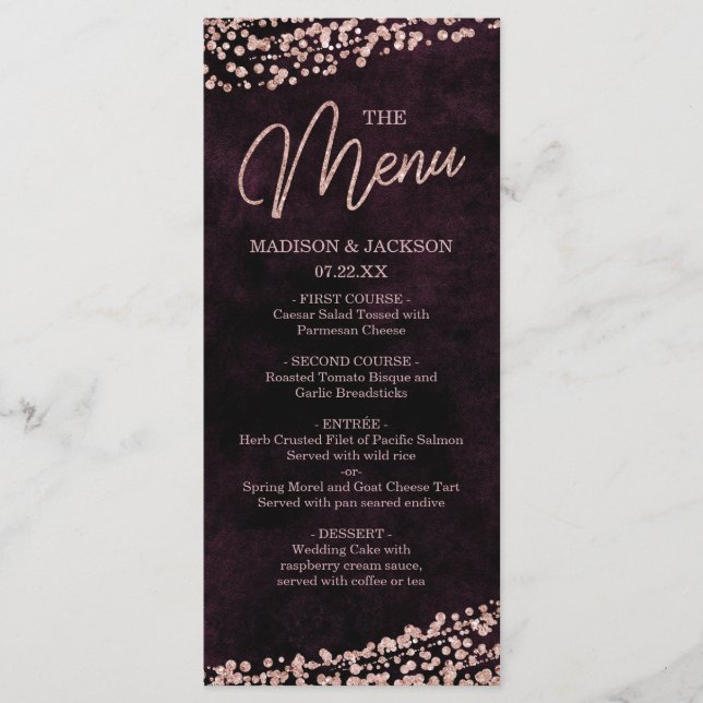 Marsala Vin & Rose Gold Confetti Menu Mariage (Devant)