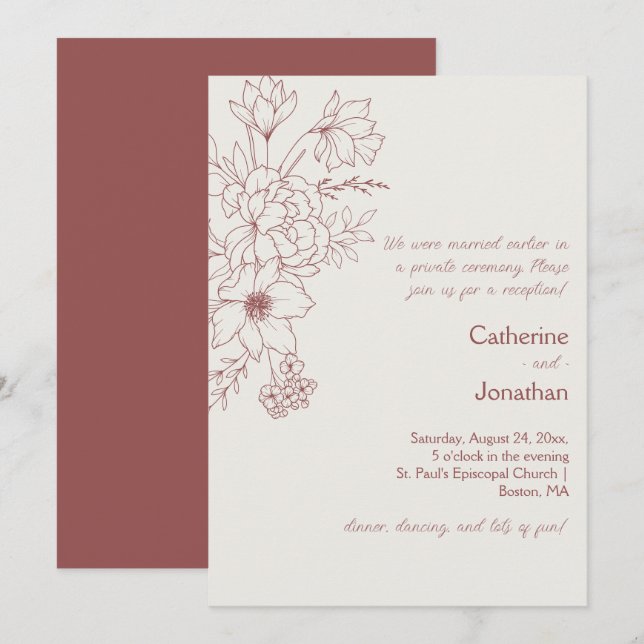 Marsala Vintage Line Drawn Floral Reception Einladung (Vorne/Hinten)