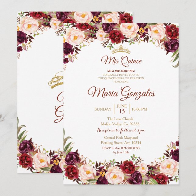 Marsala Watercolor Quinceanera Einladung (Vorne/Hinten)