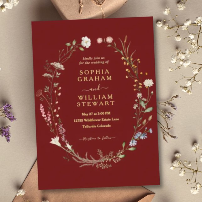 Marsala Watercolor Wildblume Theme Spring Wedding Folieneinladung (Von Creator hochgeladen)