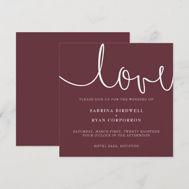 Marsala + Weiß klassische elegante Hochzeitseinlad Einladung (Vorne/Hinten)