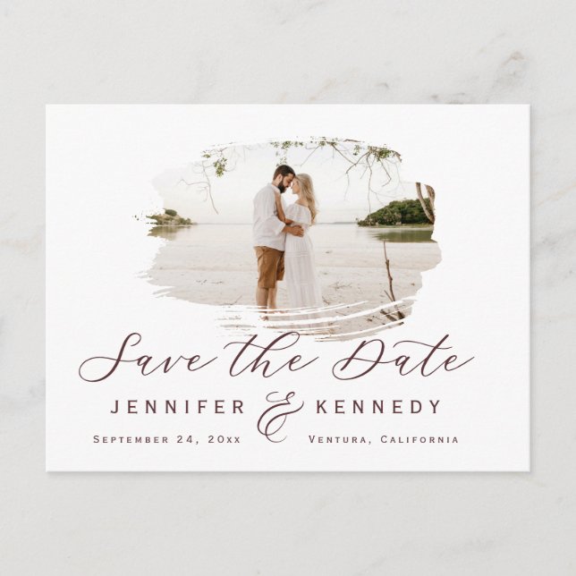 Marsala Wine Romantic Brushed Frame Save The Date Postkarte (Vorderseite)