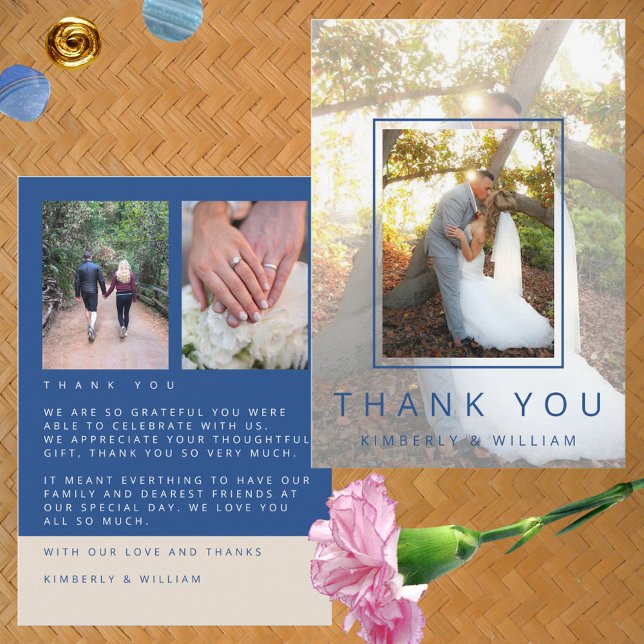 Marseille Bleu Chic 3 Foto Minimalistisch Wedding Dankeskarte (Marseille Bleu Modern Wedding Thank You Cards Custom 3 Photo Flat Cards)