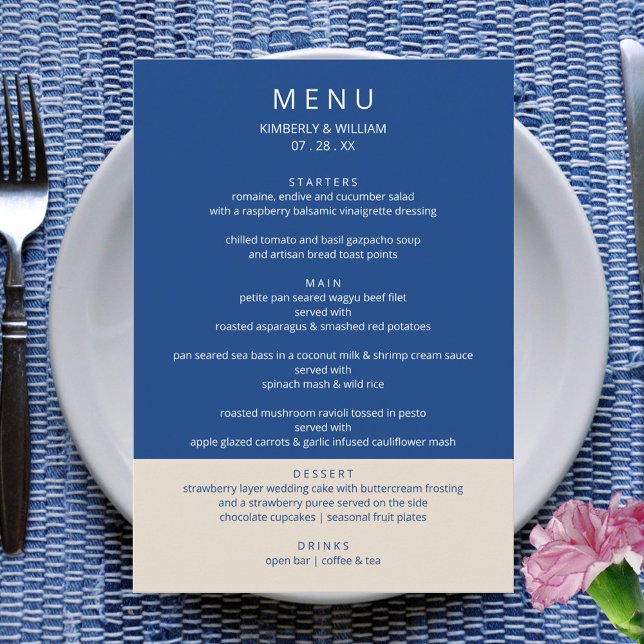 Marseille Bleu Hochzeit Moderne Probe Abendessen Menükarte (Marseille Bleu Modern Wedding Menu - Custom Rehearsal Dinner Wedding Reception Menu Card )