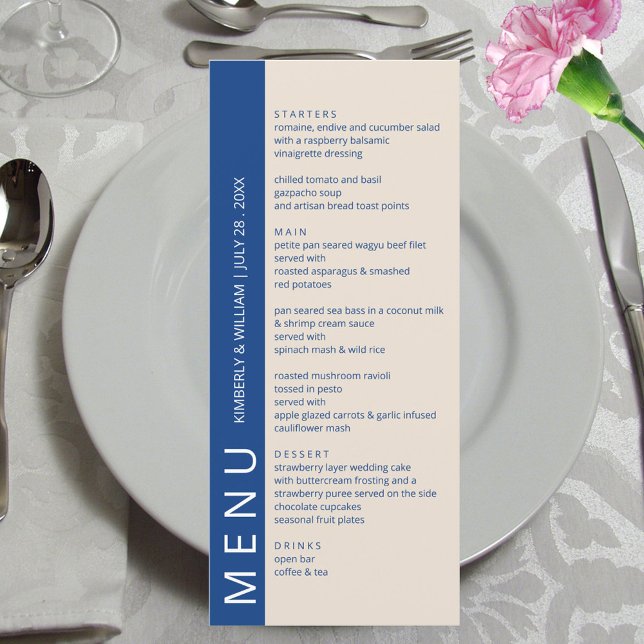 Marseille Bleu Moderne Probe Abendessen Hochzeit Menükarte (Marseille Bleu Modern Wedding Menu Card - Custom Wedding Reception Rehearsal Dinner Menu)