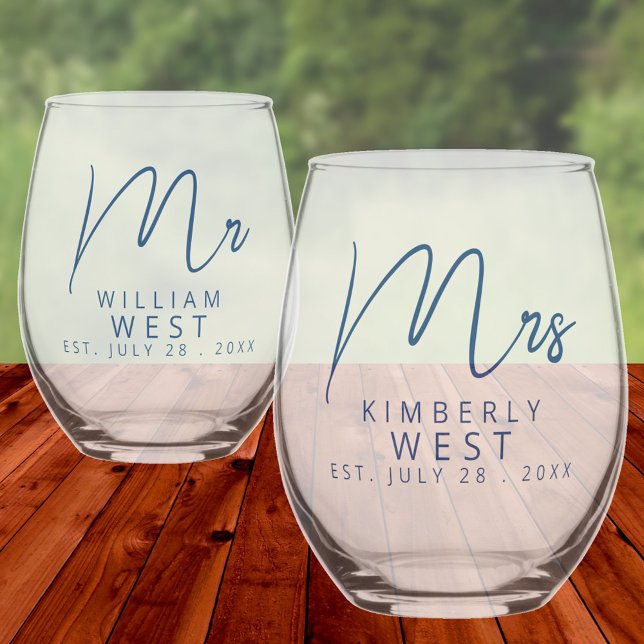 Marseille Bleu Mr. und Mrs. Personalisiert Wedding Weinglas Ohne Stiel (Marseille Bleu Modern Wedding Bride And Groom Mr. & Mrs. Personalized Stemless Wine Glasses)