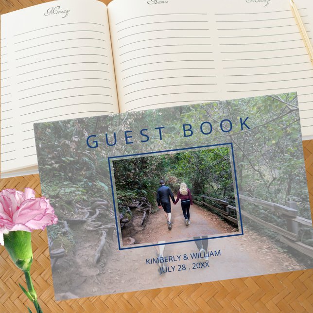 Marseille Bleu Verlobung Foto Chic Wedding Gästebuch (Marseille Bleu Modern Wedding Guest Book Personalized With Your Photo)